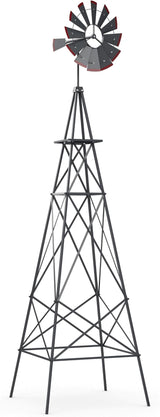 DREAMADE 8ft Steel Windmill, Farmhouse Windmill Decoration with Directional Vane, 4 Anchoring Stakes & Reinforced Base, Weather-Ready Garden Spinner for Backyard, Garden, Patios, Rural Areas (Grey)