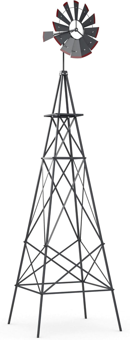DREAMADE 8ft Steel Windmill, Farmhouse Windmill Decoration with Directional Vane, 4 Anchoring Stakes & Reinforced Base, Weather-Ready Garden Spinner for Backyard, Garden, Patios, Rural Areas (Grey)
