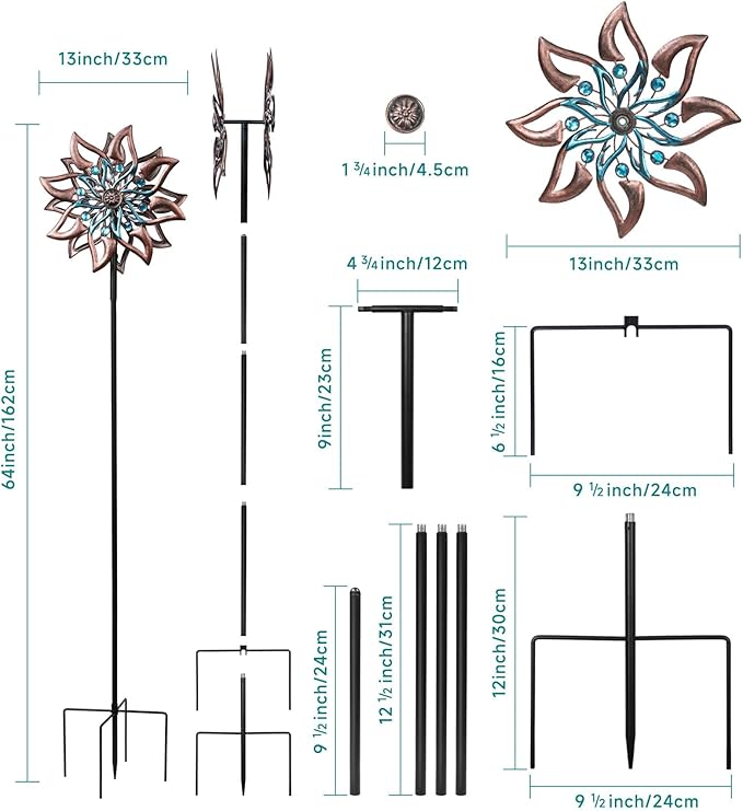 360° Garden Wind Spinner for Outdoor Yard Art – W13xH64 Kinetic Windmill for Garden, Lawn, and Patio – Dahlia-Inspired Copper and Teal Wind Spinners Outdoor Decorative Yard Art