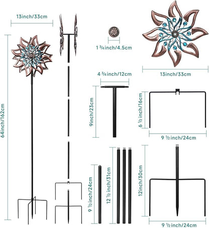 360° Garden Wind Spinner for Outdoor Yard Art – W13xH64 Kinetic Windmill for Garden, Lawn, and Patio – Dahlia-Inspired Copper and Teal Wind Spinners Outdoor Decorative Yard Art