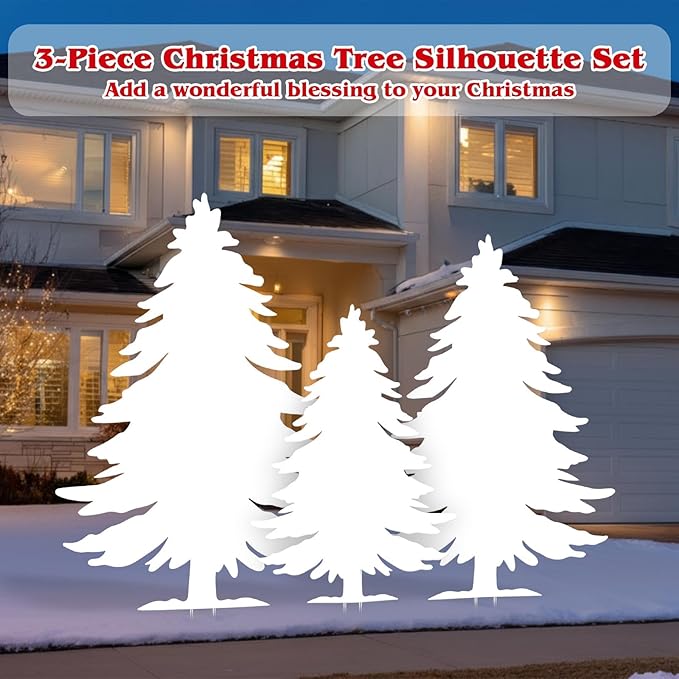 3-Piece Christmas Tree Silhouette Set 47 Inch Christmas Tree Yard Decoration Outdoor Weather-Resistant PVC Xmas Outside Decor for Lawn Garden Pathway Display with 6 Ground Stakes