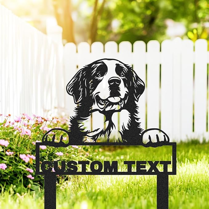 Personalized Metal St Bernard Dog Statue Garden Sign with Stakes, Custom Dog House Decor Sign Outdoor Garden Stake Plaque, Customized Decorative Yard Stake Art Backyard Decor Gardening Gift