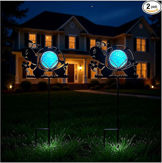 Turtle Solar Lights Outdoor Decorations, 2 Pack Metal Iron Solar Stake Lights for Yard, Garden, Lawn Decor