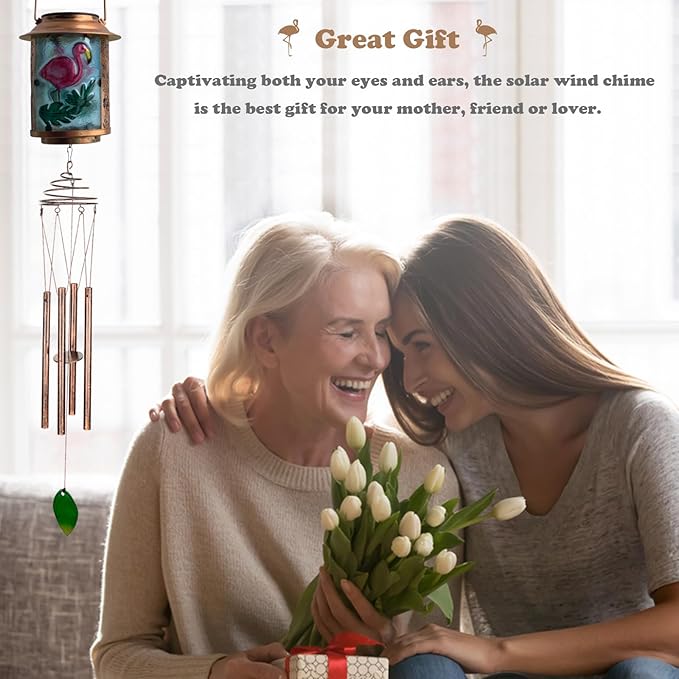 Solar Wind Chimes for Outdoor, Flamingo Garden Decorations Memorial Wind Chimes Deep Tone, Sympathy Windchimes for Outside Garden Décor, Gifts for Mom, Grandma-Flamingo