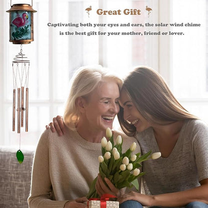 Solar Wind Chimes for Outdoor, Flamingo Garden Decorations Memorial Wind Chimes Deep Tone, Sympathy Windchimes for Outside Garden Décor, Gifts for Mom, Grandma-Flamingo