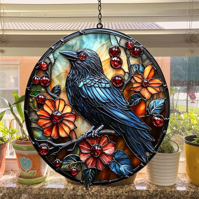 Raven Acrylic Suncatcher Stained Glass Effect Window Car Hanging Christmas Ornament Indoor Outdoor Decor Garden Sun Catcher Panel for Gothic Lover for Women Mom Grandma