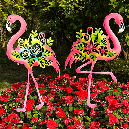 Pink Flamingo Garden Statue - 20.5 inch Hand Flamingo Painted Metal Patio Art, Outdoor Decorative Stake Flamingo Statue for Lawn, Patio, Porch and Backyard, Gifts for Ladies (B Style 2 Pack)