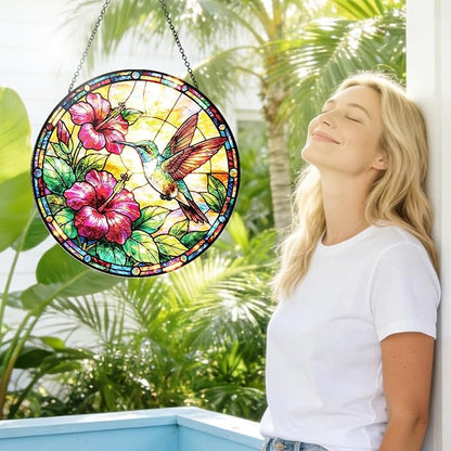 Hummingbird Stained Glass Window Hanging – Round Floral Suncatcher with Chain, Colorful Glass Ornament for Living Room Home Garden Decor Gift, 8 Inch