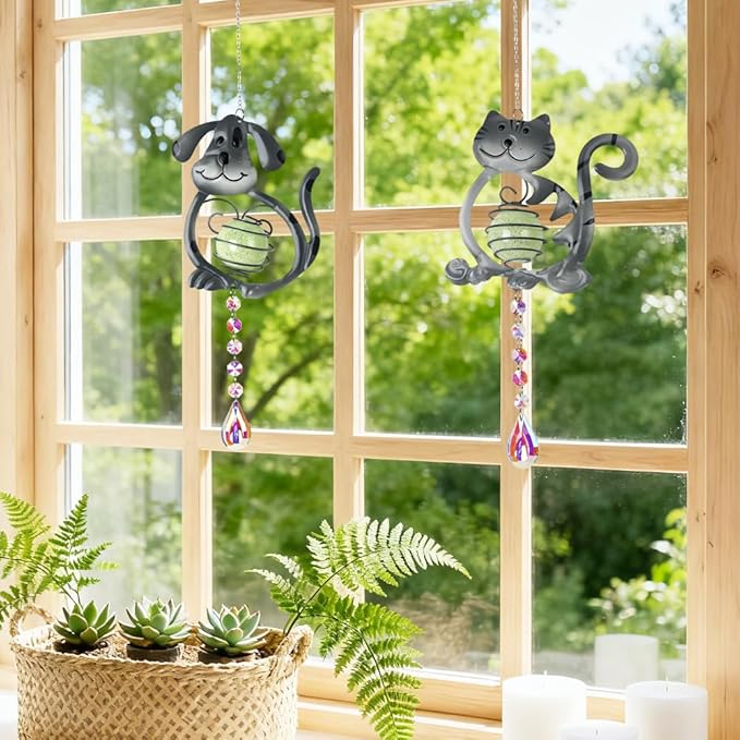 Cat＆Dog Garden Suncatcher,2 Pack Suncatchers with Crystal,Metal Sun Catchers Indoor Window Ornament for Outdoor Indoor Home Garden Decoration
