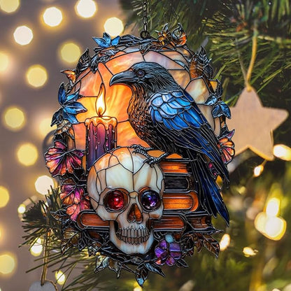 Gothic Raven and Skull Acrylic Suncatcher Stained Glass Effect Window Car Hanging Christmas Ornament Indoor Outdoor Decor Garden Sun Catcher Panel for Gothic Lover for Women Mom Grandma