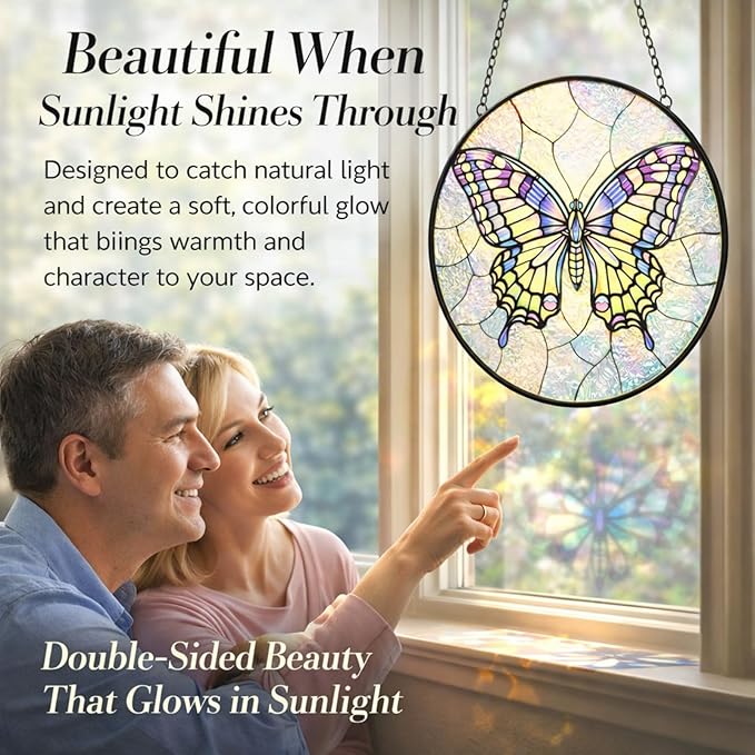 Butterfly Suncatcher Window Hanging, 7.8" Stained Glass Butterfly Decor, Meaningful Gift for Family, Friends and Loved Ones, Elegant Window Decor for Living Room, Sunroom, Office and Garden