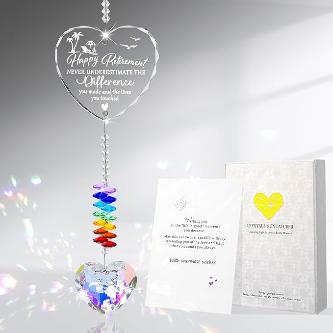 Retirement Gift Crystal Suncatcher,Retirement Gifts for Women Men,Gifts for Retired Coworker Nurse Teacher-Heart Prism Sun Catcher with Card for Window