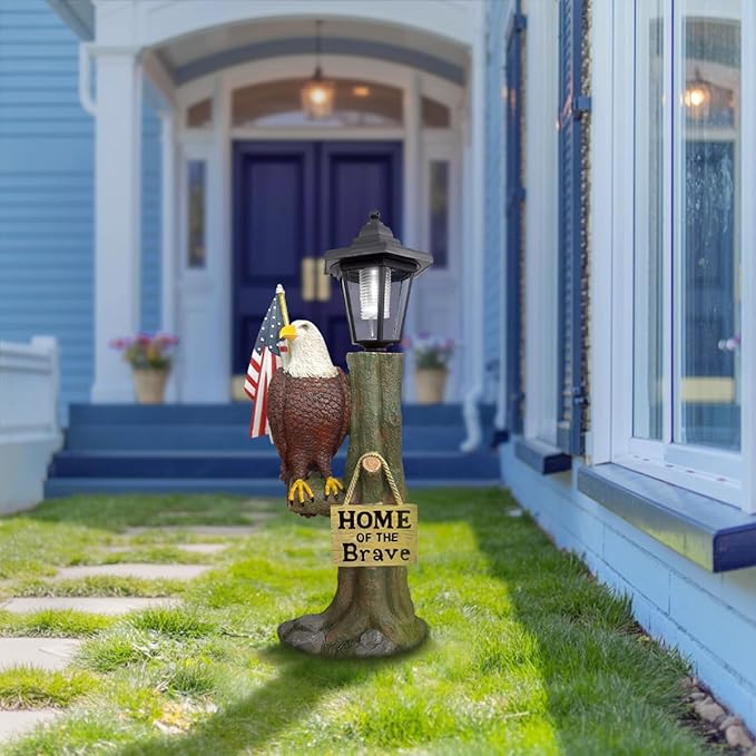 GENANY Bald Eagle Outdoor Solar Statue 14x6 Inch, Garden Decoration Outdoor Waterproof, Eagle Statue with American Flag for Patios, Yards and Gardens
