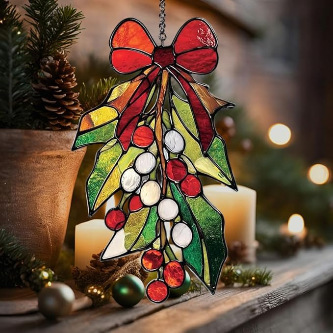 Mosaic Christmas Mistletoe Knot Acrylic Suncatcher Stained Glass Effect Window Car Hanging Christmas Ornament Indoor Outdoor Decor Garden Sun Catcher Panel for Women Mom Grandma