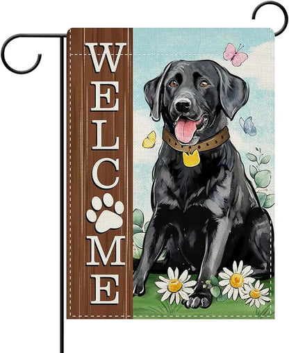 Dyrenson Welcome Black Labrador Dog Decorative Garden Flag, Paw Print Yard Outside Home Decorations Pet Lover Gifts, Spring Summer Burlap Outdoor Small Decor Double Sided 12 x 18