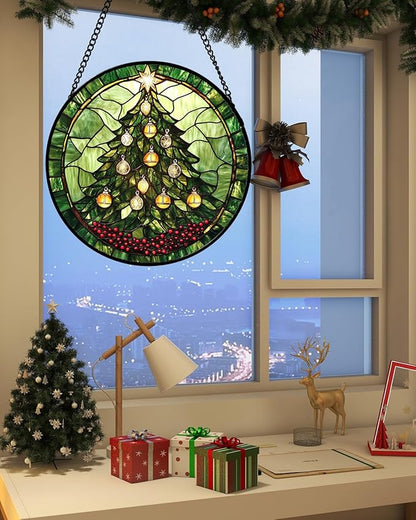 DASTOLL Stained Glass Window Hanging - Green Christmas Tree Golden Bells Suncatcher for Doors Home Christmas Decoration Sun Catcher Thanksgiving New Year Birthday Gift for Women Men Mom Nana 6.3 in