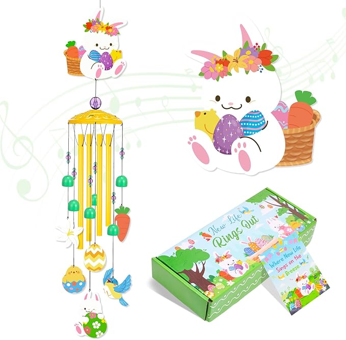 Spring Summer Wind Chimes for Outside, Bunny Floral Pattern Metal Wind Chime with Gift Box, Ideal for Porch Garden Patio Decor