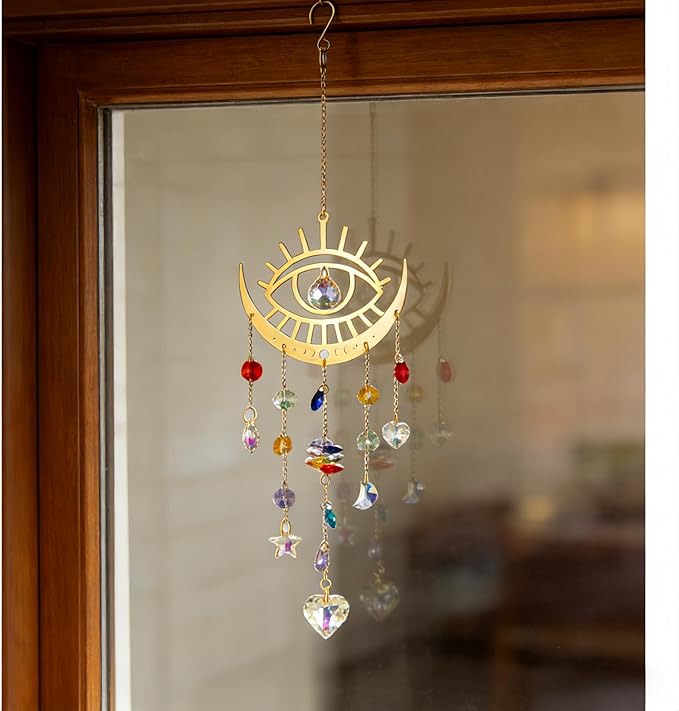 Bohemian Garden Crystal Suncatcher, Crystal Prism Suncatcher, Rainbow Maker, Hanging Crystals for Window, Garden Decoration (Evil Eye)