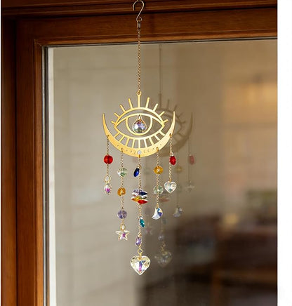 Bohemian Garden Crystal Suncatcher, Crystal Prism Suncatcher, Rainbow Maker, Hanging Crystals for Window, Garden Decoration (Evil Eye)