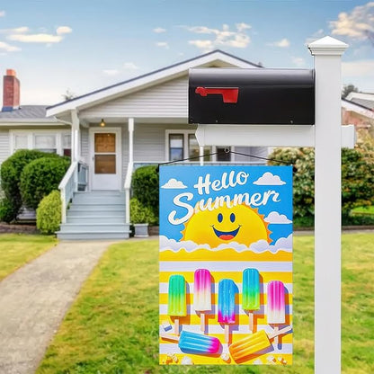 BlissYard Summer Garden Flags 12x18 Double Sided Outdoor Flag Summer Garden Flags For Outside Hello Summers with Smiling Sun and Colorful Popsicles, Ideal for Outdoor Yard and Patio Decor