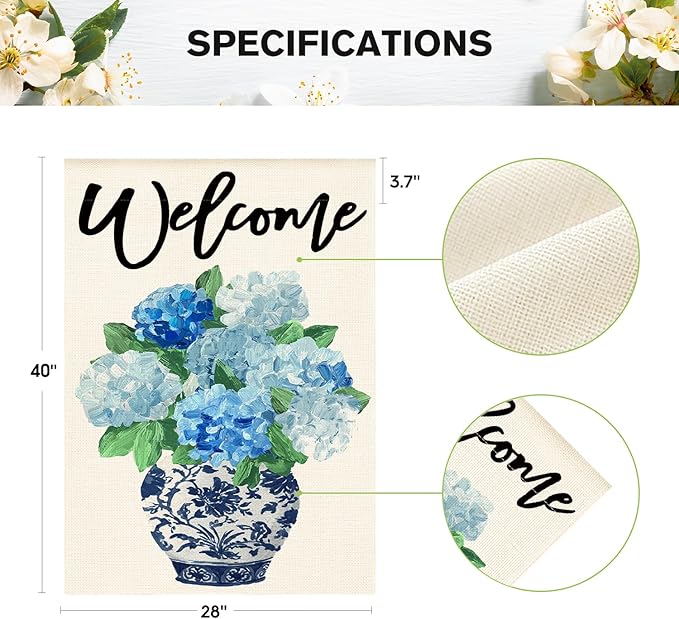 AVOIN colorlife Spring Hydrangea Floral Welcome House Flag 28x40 Inch Double Sided Outside, Blue and White Chinoiserie Seasonal Yard Outdoor Flag