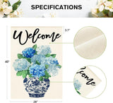 AVOIN colorlife Spring Hydrangea Floral Welcome House Flag 28x40 Inch Double Sided Outside, Blue and White Chinoiserie Seasonal Yard Outdoor Flag