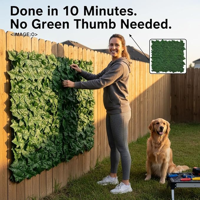 Faux Ivy Privacy Fence Screen 4PCS 20 x 20 Inch Artificial Faux Ivy Hedge Expandable Faux Privacy Fence Decoration for Wall Screen, Outdoor Garden, Wedding Decor,No Cable Tie (40x40 inches)