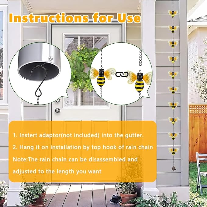 8.4 FT Rain Chains for Outside, Decorative Glow Bee Rain Chain with 12 Cups, Metal Adjustable Rain Catcher Chain, Replacement Downspout for Gutters