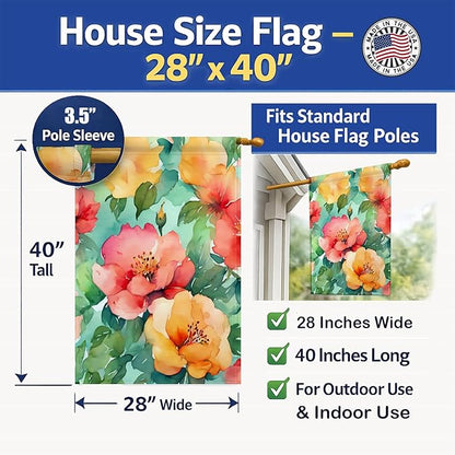 Caroline's Treasures Georgia Cherokee Rose in Watercolor House Flag Large Porch Sleeve Pole Decorative Outside Yard Banner Artwork Wall Hanging, Polyester, House Size, Multicolor