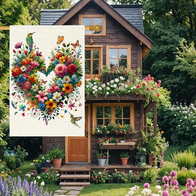 Colorful Floral Love Hearts Garden Flag 28X40 Inch Double Sided Small Burlap Birds Flowers Butterflies Outdoor Decorations Spring Summer Garden Flags Patio Yard Outside Decor