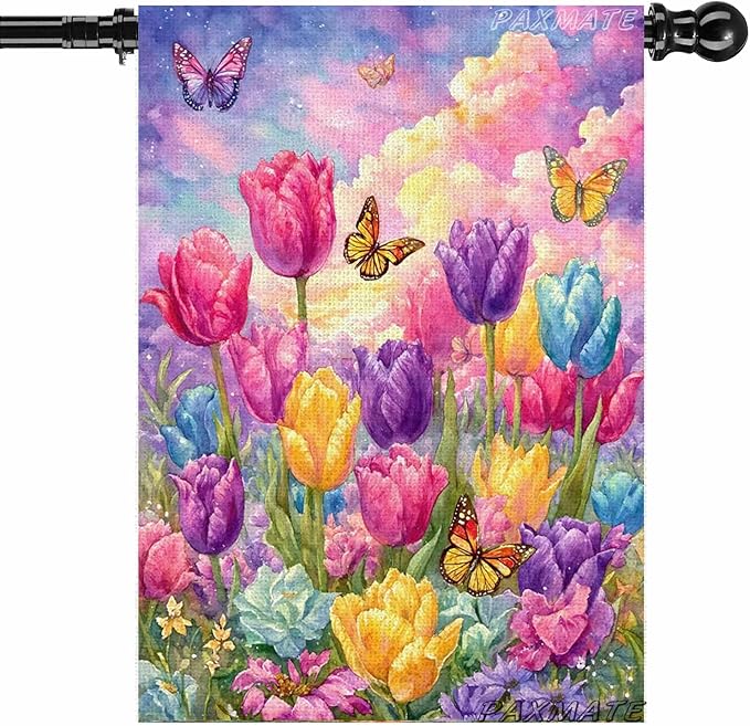 Spring Summer Tulip House Flag 28x40 Inch Double Sided Outside, Seasonal Flower Butterfly Large Yard Flag Outdoor Decoration