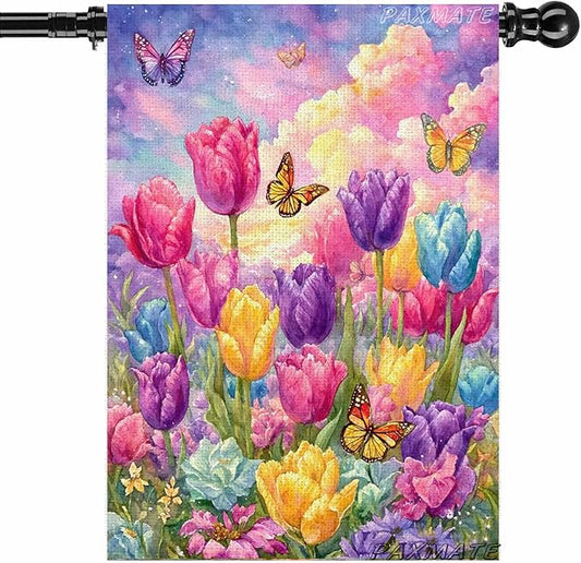 Spring Summer Tulip House Flag 28x40 Inch Double Sided Outside, Seasonal Flower Butterfly Large Yard Flag Outdoor Decoration