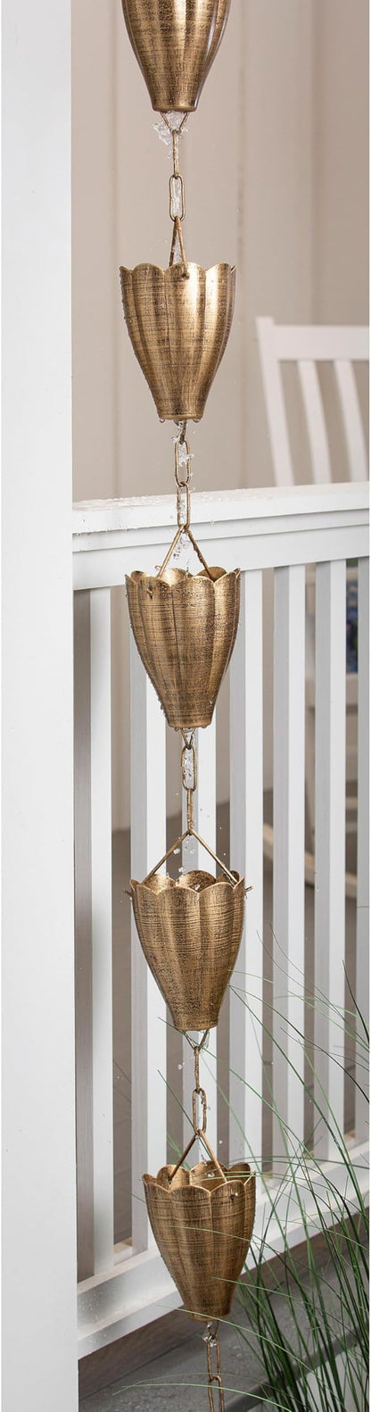 Evergreen Garden Bronze Finish Metal Tulip Rain Chains for Gutters | 8 Ft. Rain Catcher Chain Replacement Downspout | Decorative Rain Chains for Outside Garden Balcony Porch