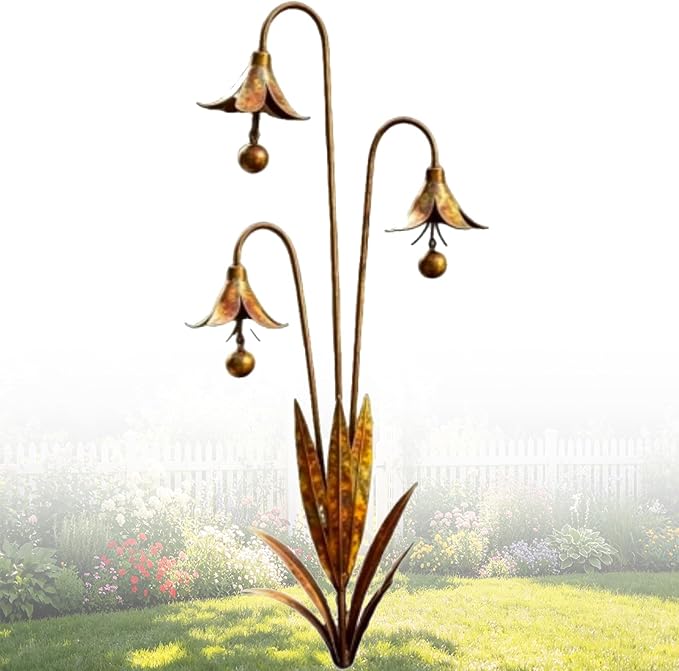 Triple Bluebells Garden Stake with Bell, Rustic Flower Yard Art Decor, Weather Resistant Outdoor Lawn Ornament, Handmade Floral Garden Decoration (1pc)