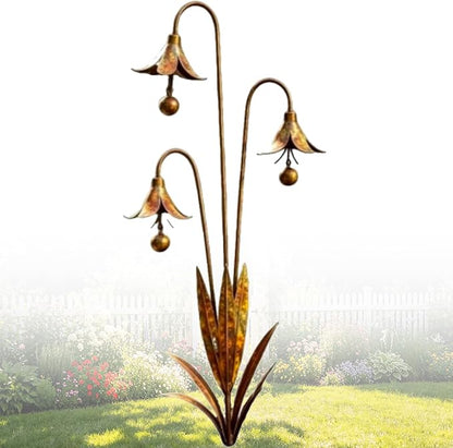 Triple Bluebells Garden Stake with Bell, Rustic Flower Yard Art Decor, Weather Resistant Outdoor Lawn Ornament, Handmade Floral Garden Decoration (1pc)