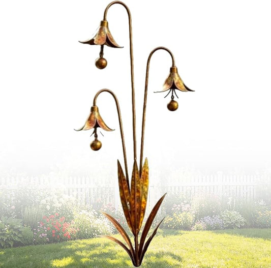Triple Bluebells Garden Stake with Bell, Rustic Flower Yard Art Decor, Weather Resistant Outdoor Lawn Ornament, Handmade Floral Garden Decoration (1pc)