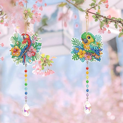 MVVMTOP 2pcs Diamond Art Painting Wind Chime with Crystal Pendant, DIY Parrot Double-Sided Design Special Shape Acrylic Crystal Diamond Ornament, Home Window Garden Hanging Pendant Decoration