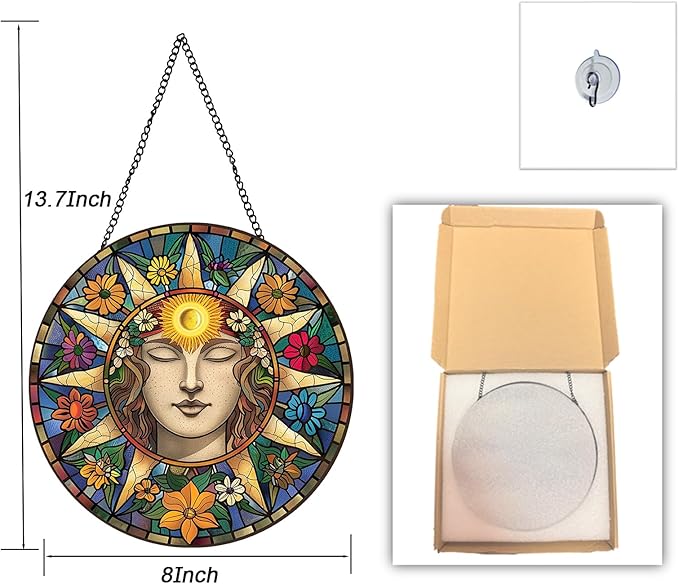 Stained Glass Window Hanging Sun Suncatcher 8 Inch, Indoor Outdoor Wall Art Home Decor, Sun Catchers, Birthday for Women Men