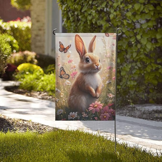 Bunny and Colorful Flowers Garden Flags 12×18 Inch Spring Summer Double Sided Decorative Yard Banner Seasonal Flag for Outdoor Outside Decor
