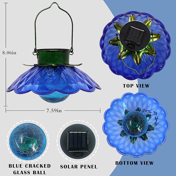 XUWEN Solar Lights Outdoor Waterproof - Blue Solar Flower Light with Crackle Globe Glass Light, Hanging Lanterns Decorative Outdoor for Yard Walkway Lawn Fence,Christmas Housewarming Gifts for Women.