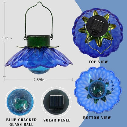 XUWEN Solar Lights Outdoor Waterproof - Blue Solar Flower Light with Crackle Globe Glass Light, Hanging Lanterns Decorative Outdoor for Yard Walkway Lawn Fence,Christmas Housewarming Gifts for Women.