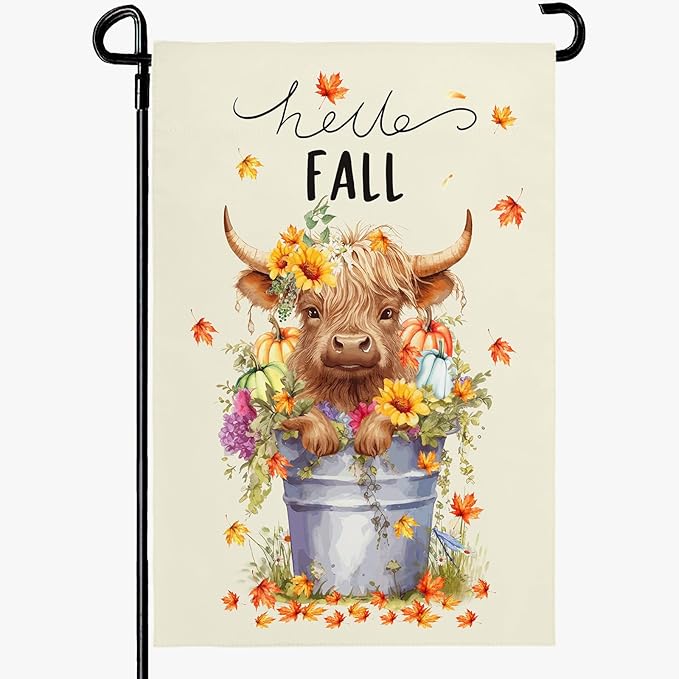 Hello Fall Garden Flag Highland Cow Polyester Yard Flag Double Sided Vertical 12x18 Inch Farmhouse Pumpkin Sunflower Floral Garden Flags Autumn Maple Leaf House Banner for Seasonal Outdoor