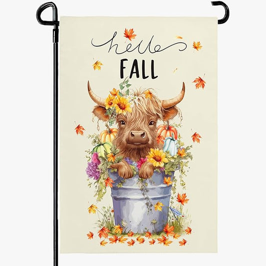 Hello Fall Garden Flag Highland Cow Polyester Yard Flag Double Sided Vertical 12x18 Inch Farmhouse Pumpkin Sunflower Floral Garden Flags Autumn Maple Leaf House Banner for Seasonal Outdoor