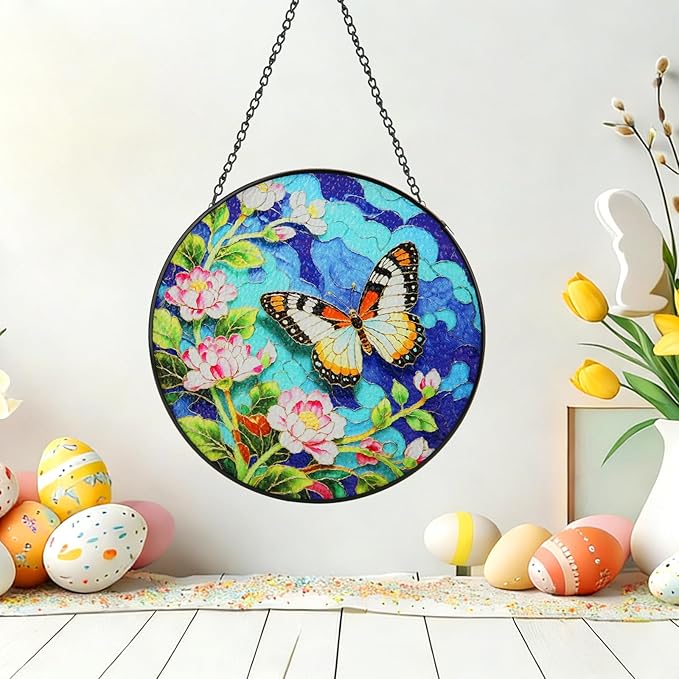 8inch Stained Glass Suncatcher, Butterfly Stained Glass Window Hanging Sun Catchers Ornaments for Indoor Windows Wall Garden Kitchen Home Decor Gifts for Women Birthday Mother's Day Religious Easter