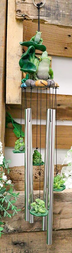 Ebros Gift Whimsical Summer Adventures Green Frog Mother with Babies Family Crouching On Lily Pads by Pond Resonant Tube Wind Chime Sculpture Outdoors Garden Lawn Patio Home Pool Deck Accent Decor