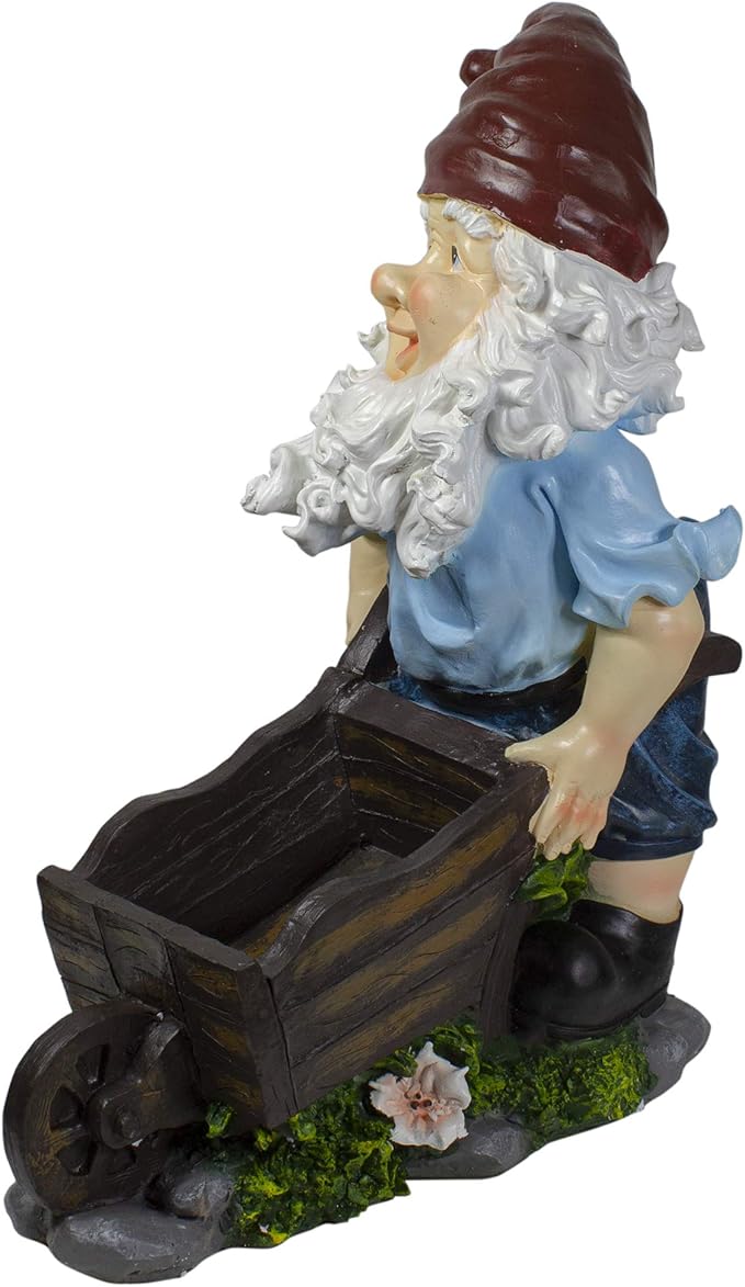 Northlight 20" Blue and Brown Wheelbarrow Gnome Outdoor Garden Statue