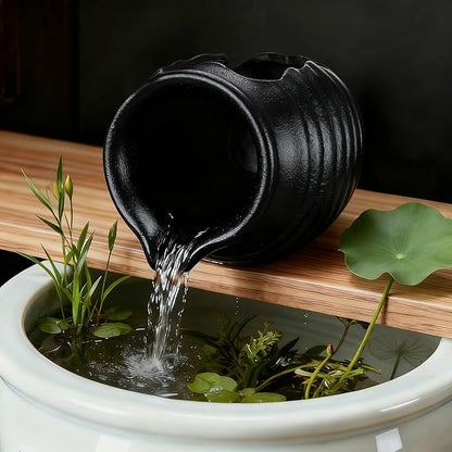 M METERXITY Ceramic Garden Fountain Spitter, Clay Pot Ecological Tank for Pond/Backyard Water Feature/Cave Waterfall/Landscaping, DIY Water Flow Jar Hydroponic Vase [5.5in, Matte Black]