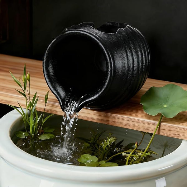 M METERXITY Ceramic Garden Fountain Spitter, Clay Pot Ecological Tank for Pond/Backyard Water Feature/Cave Waterfall/Landscaping, DIY Water Flow Jar Hydroponic Vase [5.5in, Matte Black]
