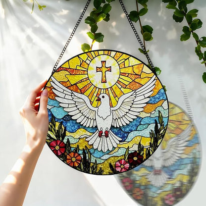 Stained Glass Cross Pigeon Suncatcher Window Hanging, Religious Sun Catchers Indoor Window, Suncatchers for Windows Hanging, Home Garden Decor Glass Panel, Easter Faith Christian Gifts for Women Men