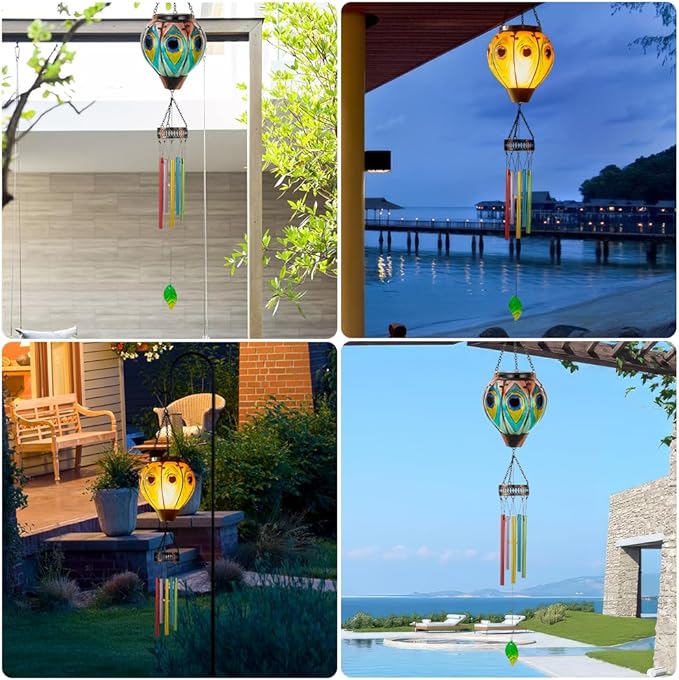 Starsoul Solar Wind Chimes for Outside, Peacock Hot Air Balloon with Flickering Flame Solar Wind Chime, Glass Windchimes Outdoors Garden Decor, Gift for Mother's Day Mom Grandma